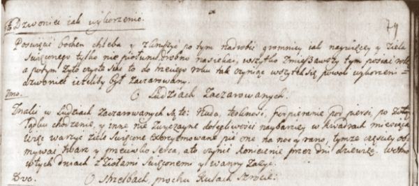 Fragment strony z "O ludziach zaczarowanych" - kodeksu należącego do konwentu karmelitów bosych w Wilnie (XVIII w.).