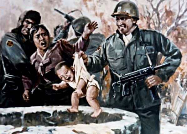 Według północnokoreańskiej propagandy dzieci miały być szczególnie narażone na bestialstwo Amerykanów. Na ilustracji jeden z północnokoreańskich plakatów propagandowych. 