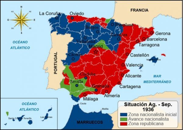 Wojna domowa w Hiszpanii wciąż była nierozstrzygnięta, a kraj podzielony. Sytuacja w kraju w 1936 roku (fot. Addicted04, lic. CC BY-SA 3.0).