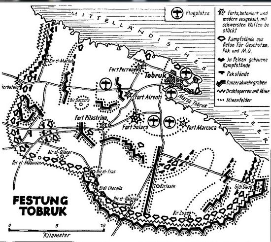 Twierdza Tobruk na niemieckim planie z okresu wojny.