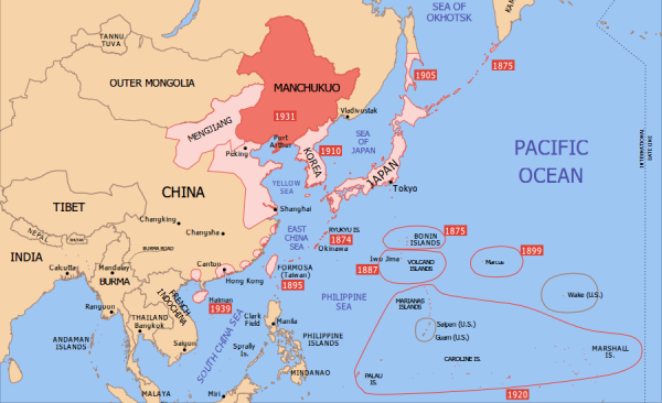 Japońskie podboje terytorialne w Azji Wschodniej. Ciemnym kolorem zaznaczone Cesarstwo Mandżukuo (rys. Emok, CC BY-SA 3.0).