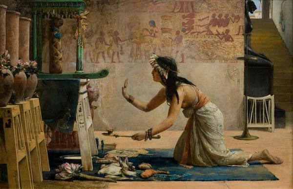 Egipska kapłanka oddająca cześć bogu-kotu na XIX-wiecznym malowidle. 