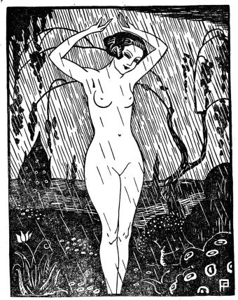 "Kobieta w deszczu". Ilustracja z "Nowego Dekameronu", rok 1924.