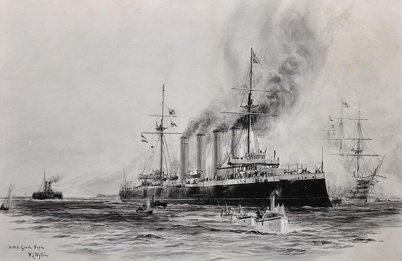 HMS "Good Hope" okręt flagowy Eskadry Zachodnich Indii kontradmirał Christophera Cradocka . Obraz Williama Lionela Wyllie'go (źródło: domena publiczna).