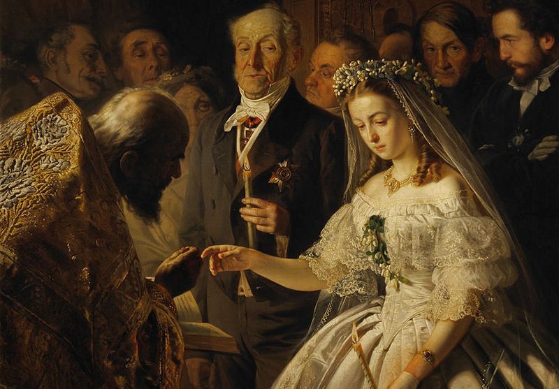 XIX-wieczny ślub zwykle był po prostu transakcją, w której nie było miejsca na miłość . Na ilustracji obraz Wasilija Pukiriewa "Nierówne małżeństwo" (źródło: domena publiczna).