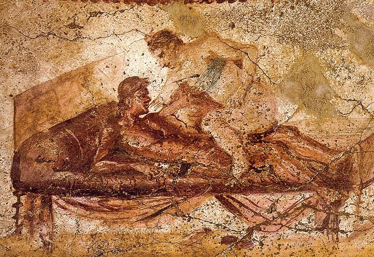Zdaniem Kolumella niewolnicy z miast byli przyzwyczajeni do hazardu, teatrów i domów publicznych. Na ilustracji fresk z domu publicznego w Pompejach (źródło: domena publiczna).
