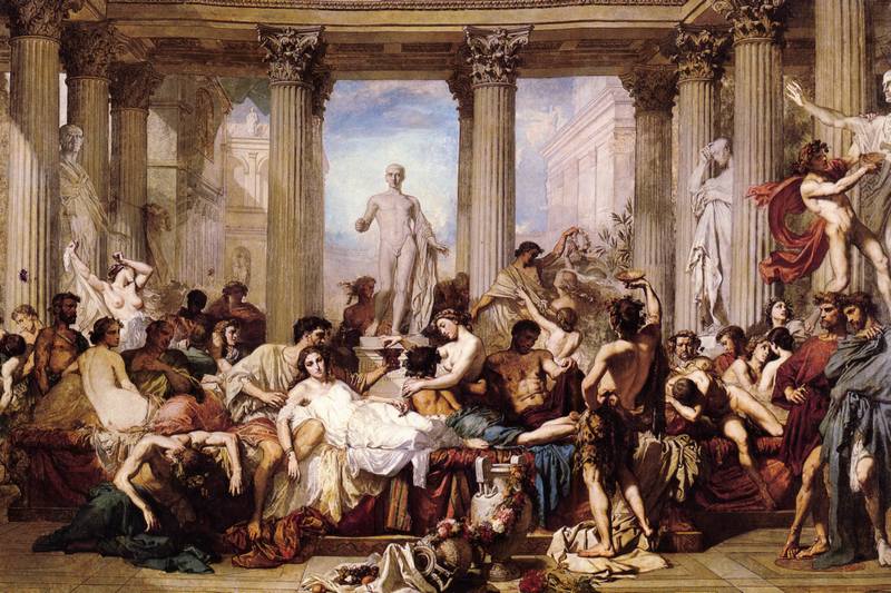 Trwające nawet tydzień Saturnalia niosły ze sobą prawdziwy wybuch swobód okraszonych rozrywkami. Na ilustracji XIX- wieczny obraz Thomasa Couture'a (źródło: domena publiczna).