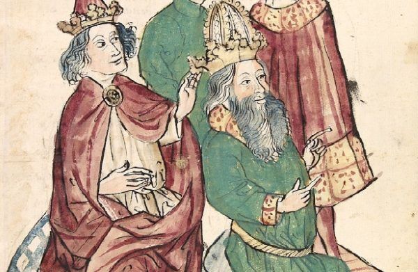 Papież Grzegorz V (a właściwie: Brunon z Karyntii) w towarzystwie cesarza Ottona III (źródło: domena publiczna).