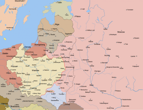 Sytuacja na froncie polsko-bolszewickim w marcu 1919 roku, przed odbiciem Wilna przez Wojsko Polskie. Pozostałe granice według stanu po ich ostatecznym ustaleniu (rys. Halibutt & Hierakares, CC BY-SA 3.0).