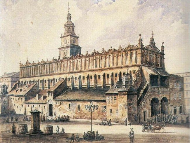 Krakowskie Sukiennice na obrazie A. Gryglewskiego z 1869 r. Budynek był jedną z inspiracji dla twórców warszawskiego Pałacu Kultury i Nauki (źródło: domena publiczna).