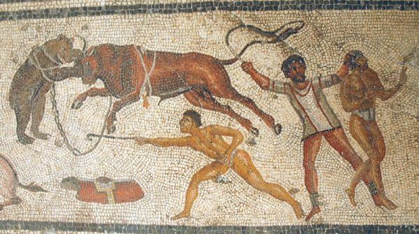 Walki ze zwierzętami mogły przerodzić się w polowanie dla widzów (fragment mozaiki znalezionej w mieście Zliten w Libii).