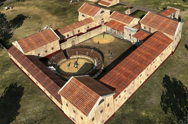 Komputerowa rekonstrukcja szkoły gladiatorów w Carnuntum (rys. LBI ArchPro, CC BY-SA 2.5).