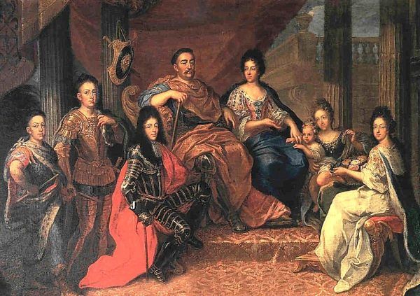 Rodzina Jana III Sobieskiego na obrazie Henriego Gascarda. Jakub Sobieski siedzi w czarnej zbroi u stóp ojca.