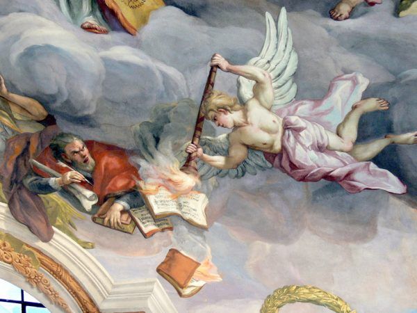 Alegoria wiary: anioł podpala heretyckie pisma Marcina Lutra. Fresk Johanna Michaela Rottmayra w kościele św. Karola Boromeusza w Wiedniu (il. domena publiczna).