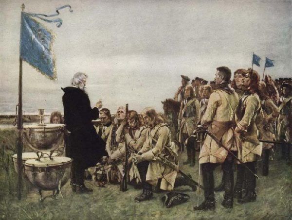 Komunia w szwedzkim obozie po bitwie pod Fraustadt (obraz Gustafa Cederströma, domena publiczna).