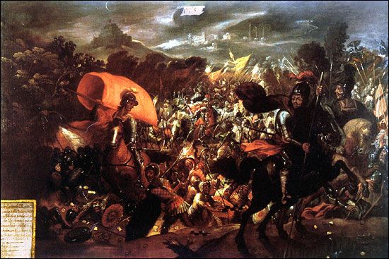 Hiszpanie uciekają z Tenochtitlan w czasie tzw. smutnej nocy (anonimowy obraz z XVII w.).