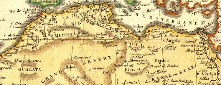Berberyjskie wybrzeże Morza Śródziemnego. To tam rozgrywały się dramaty amerykańskich marynarzy. Fragment mapy Afryki z 1806 r. (źródło: domena publiczna).
