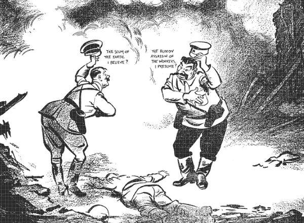 Tak brytyjski karykaturzysta David Low wyobrażał sobie miesiąc po podpisaniu paktu spotkanie na zgliszczach Polski. Rysunek pochodzi z gazety "Evening Standard".