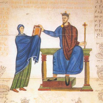 Księżna Matylda wręcza księgę liturgiczną Mieszkowi II (1000–1025 r.). To z jej listu wiemy, że znał on co najmniej dwa języki obce (łacinę i grekę). Księżna Matylda wręcza księgę liturgiczną Mieszkowi II (1000–1025 r.). To z jej listu wiemy, że znał on co najmniej dwa języki obce (łacinę i grekę).