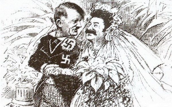 Karykatura przedstawiająca pakt Ribbentrop-Mołotow, jako pożenionych Hitlera i Stalina. 