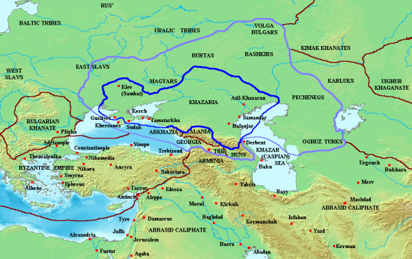 Kaganat Chazarski w XI wieku. Granatową linią zaznaczono granice państwa, zaś fioletową strefę wpływów (rys. Briangotts, CC BY-SA 3.0).