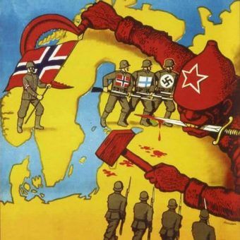 Duński plakat propagandowy z okresu II wojny światowej zachęcający do wzięcia udziału w krucjacie przeciwko bolszewizmowi (źródło: domena publiczna) Duński plakat propagandowy z okresu II wojny światowej zachęcający do wzięcia udziału w krucjacie przeciwko bolszewizmowi (źródło: domena publiczna)
