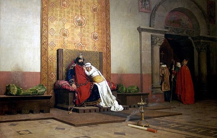 Robert i Berta na obrazie Jeana-Paula Laurensa z 1875 roku rozpaczają z powodu papieskiej ekskomuniki. Tymczasem małżonkowie - mimo reprymendy papieża - nigdy nie zostali wyklęci (źródło: domena publiczna).
