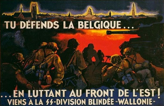 Nazistowski plakat propagandowy zachęcający Walonów do wstępowania w szeregi Waffen SS. Liczba Walonów w Waffen SS pokazuje, że przyniósł on zamierzony skutek (źródło: domena publiczna).