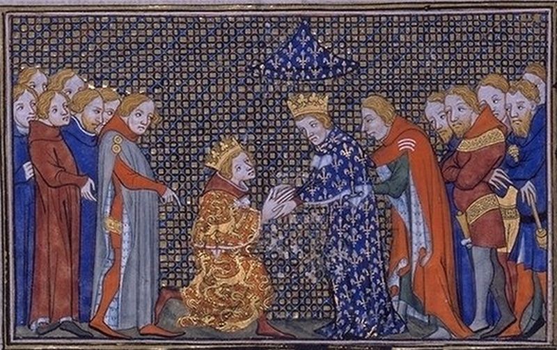 Miłe złego początki: choć pierwszy król z nowej dynastii Walezjuszy szybko odebrał hołd od głównego przeciwnika do tronu, Edwarda III angielskiego, to i tak wkrótce wybuchła między nimi wojna, która miała się ciągnąć ponad wiek (miniatura Jeana Froissarta, źródło: domena publiczna).
