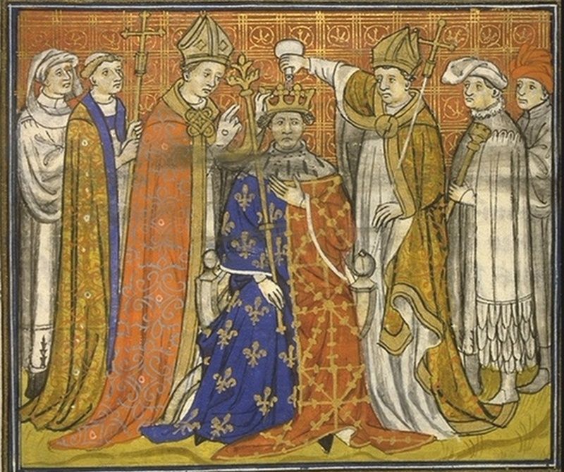 Tak wyglądała pospieszna koronacja Filipa V Długiego, dokonana zaledwie 2 miesiące po śmierci bratanka (źródło: domena publiczna).