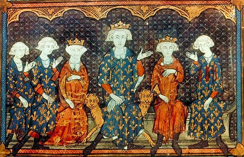Żona Edwarda II zdecydowanie wolała spędzać czas ze swą francuską rodziną, niż z mężem. Od lewej: jej bracia Karol i Filip, Izabela we własnej osobie, jej ojciec, król Filip IV Piękny, jej brat Ludwik oraz stryj Karol Walezjusz (źródło: domena publiczna).