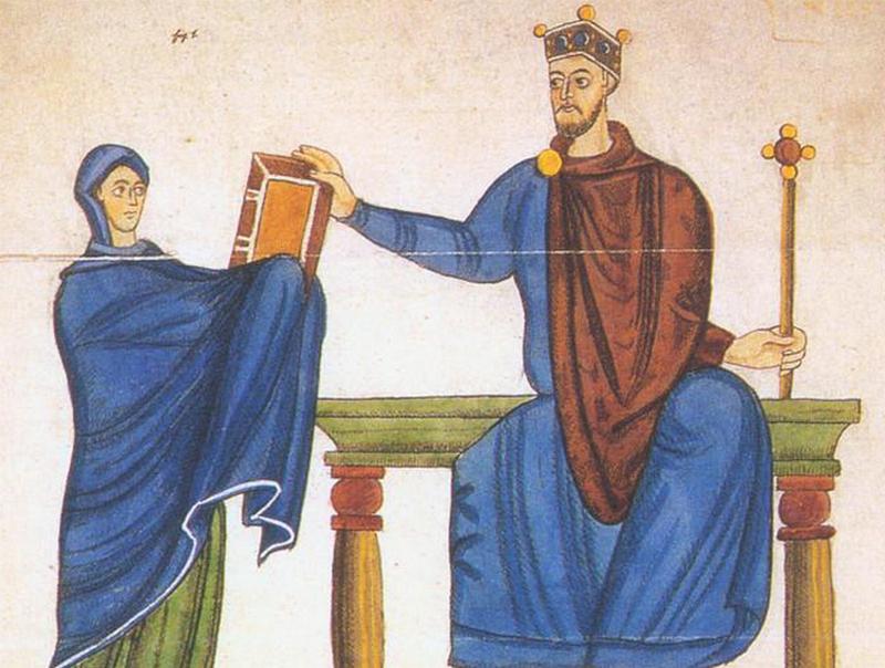 Mieszko II podczas przejmowania kodeksu z rąk Matyldy szwabskiej. Wiedza i umiejętności króla na nic się zdały w obliczu wyzwań, wobec których przyszło mu stanąć (źródło: domena publiczna).