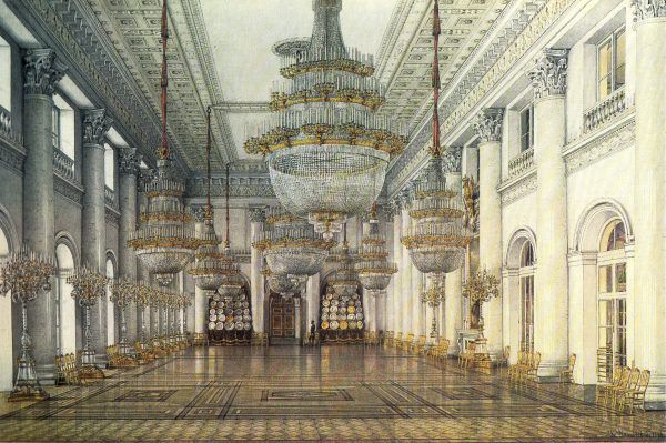 Sala Mikołaja w Pałacu Zimowym, gdzie odbywały się bale organizowane przez carów. W czasie I wojny światowej służyła jako sala szpitalna (obraz Konstantina Andriejewicza Uchtomskiego).