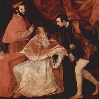 Papież Paweł III ze swoimi dwoma wnukami - kardynałem Aleksandrem i księciem Oktawianem na obrazie Tycjana (źródło: domena publiczna).