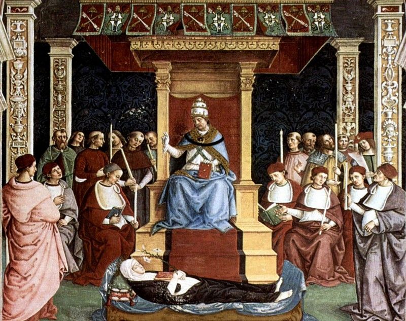 Papież Pius II podczas kanonizacji Katarzyny ze Sieny. Ciekawe, czy myślał podczas tej uroczystości o swej rozpustnej młodości (źródło: domena publiczna).