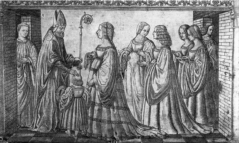 Kolejny symbol pobożności Lukrecji - księżna Ferrary przedstawia swego synka Herkulesa patonowi miasta, świętemu Maureliuszowi (grawerowana srebrna tablica autorstwa Giannantonio da Foligno, domena publiczna).