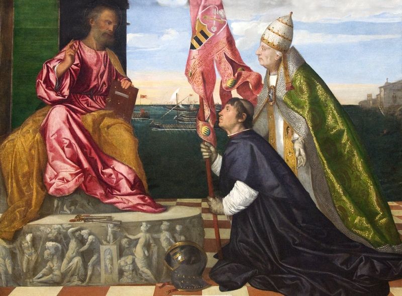 Ojciec Lukrecji na obrazie Tycjana prezentuje Jakuba Pesaro świętemu Piotrowi. Czyżby płynące w tle statki symbolizowały też jego marzenie o urlopie? (źródło: domena publiczna)