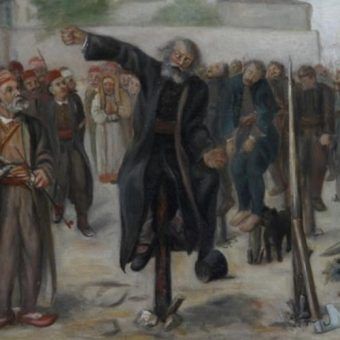 Obraz serbskiego malarza przedstawiający nabijanie na pal. W przeciwieństwie do sienkiewiczowskiego, prawdziwy Azja Tuhajbejowicz nie zginął w ten sposób (domena publiczna).
