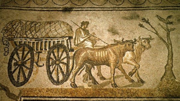 Bogaci Rzymianie lubili uciekać na wieś, ale pracą fizyczną się brzydzili (mozaika z II w. n.e.).