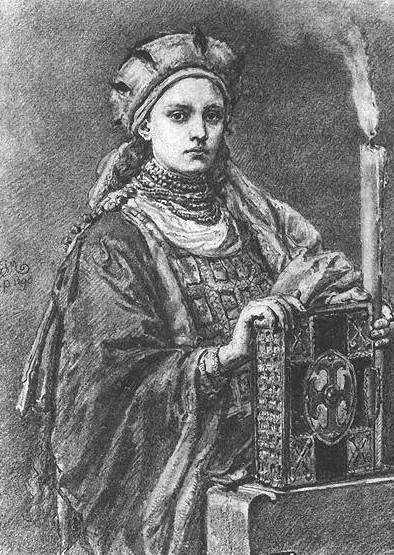 Według najpopularniejszej nad Wisłą wersji historii Świętosławy, miała ona być córką Mieszka i Dobrawy (źródło: domena publiczna).