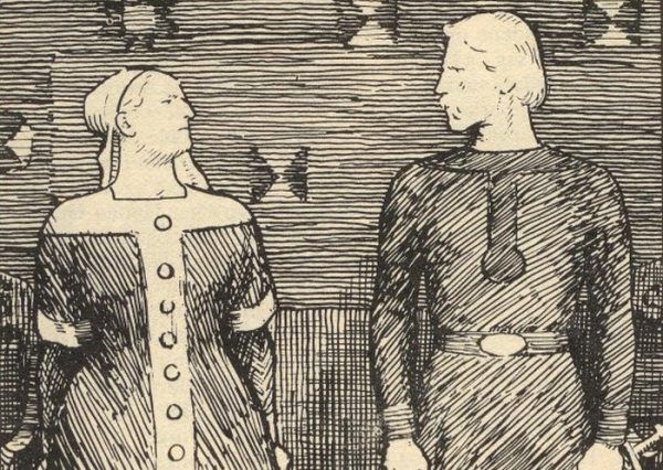 Oto Świętosława i jej niedoszły mąż Olaf Tryggvason. Tylko czy aby na pewno? XIX -wieczny rysunek Erika Werenskiolda (domena publiczna).