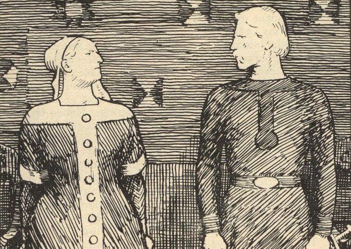 Sygryda i jej niedoszły mąż Olaf Tryggvason na XIX -wiecznym rysunku Erika Werenskiolda (źródło: domena publiczna).