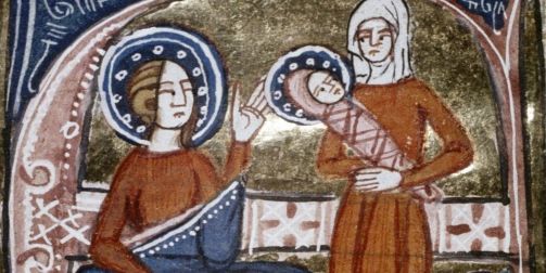 Narodziny Jana Chrzciciela według miniatury z XIV wieku. Warto zwrócić uwagę na uśmiechniętą twarz świeżo upieczonej matki i jej służącej...