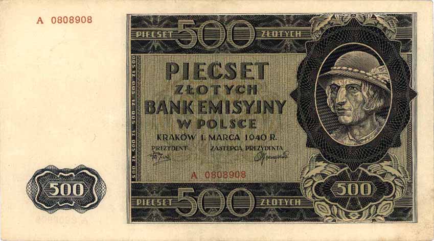 Okupacyjny banknot o nominale 500 zł, czyli tak zwany góral (źródło: domena publiczna).