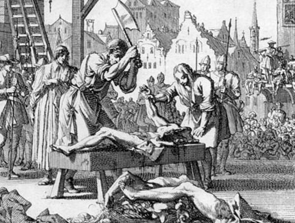 Dobra egzekucja nie mogła się obyć bez ćwiartowania półżywego ciała (na obrazie egzekucja Thomasa Armstronga w 1684 roku, domena publiczna).
