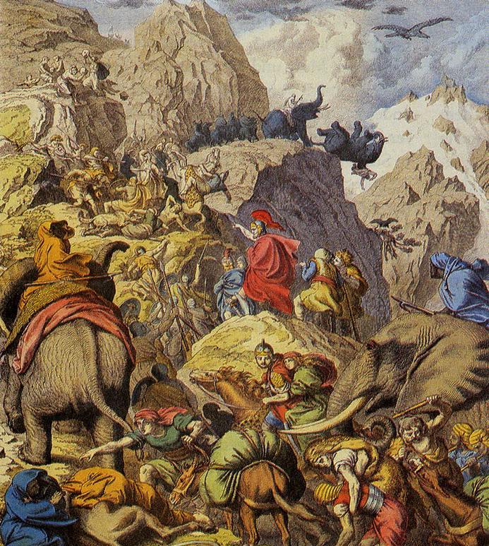 Hannibal i jego wesoła gromadka słoni przekraczają Alpy (źródło: domena publiczna).