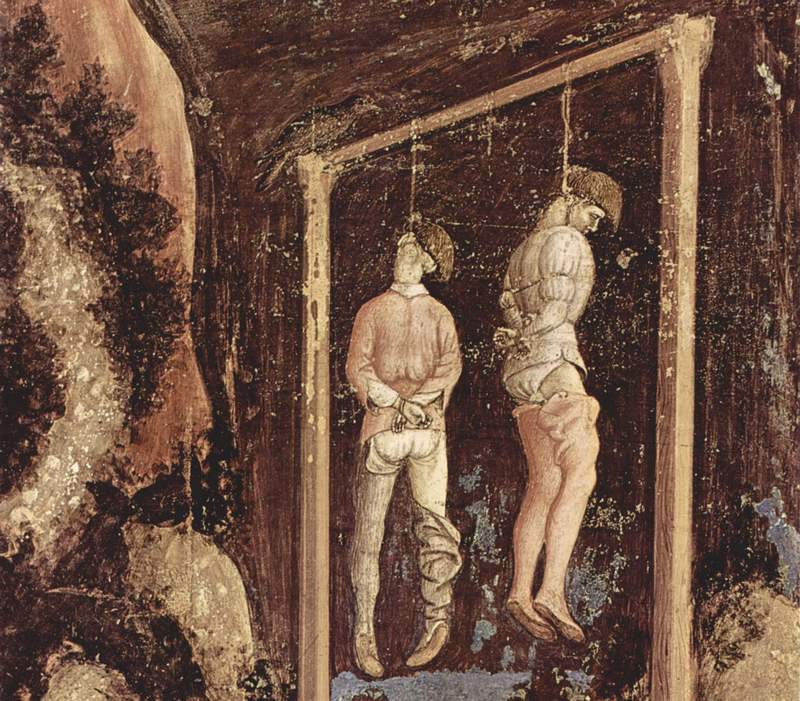 Nieszczęsne, rozkładające się ciała nieraz wieszali dawni koledzy... (obraz Antonia Pisana "Wisielcy" z XIV wieku, domena publiczna).
