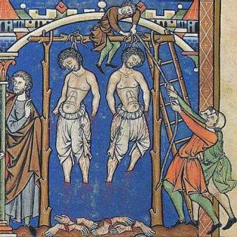Średniowieczne egzekucje cechowały się sporą brutalnością... (obraz z Biblii Morgana z XIII wieku, domena publiczna).
