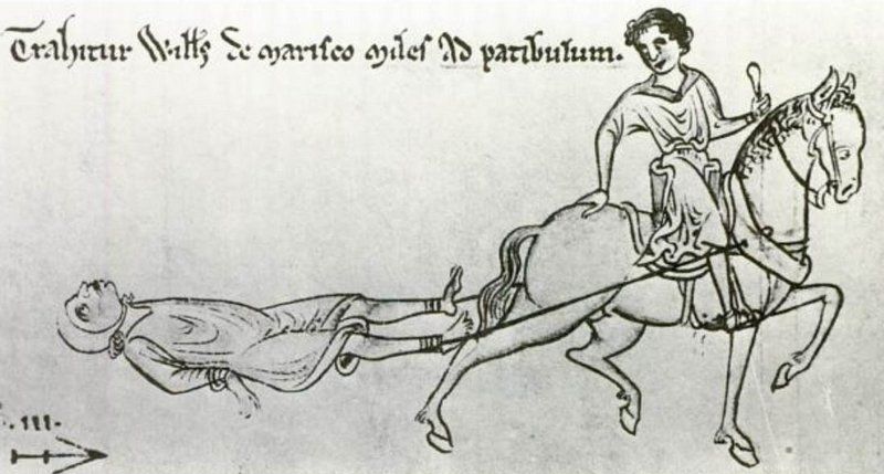 Włóczenie koniem to tylko wstęp do dalszych tortur... (egzekucja Williama de Marisco z "Chronica Majora" Matthew Parisa, domena publiczna).