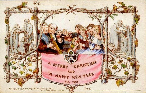 Pierwsza komercyjna kartka świąteczna z połowy XIX wieku. W Polsce takie druki miały niemały wpływ na upowszechnienie się nowych ozdób choinkowych...